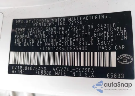 2020 Toyota Camry Se z USA, uszkodzony, nr VIN 4T1G11AK5LU935900